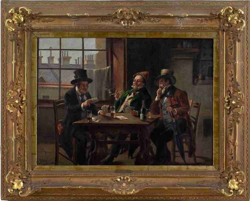 Franz Giessel, Tavern Scene with Card Players - Large Antique Oil Painting