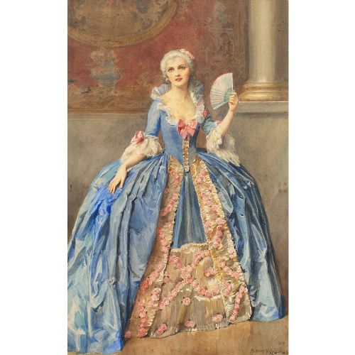 fig 1. Albert Henry Collings, Portrait Of A Lady In Costume, Antique Watercolour