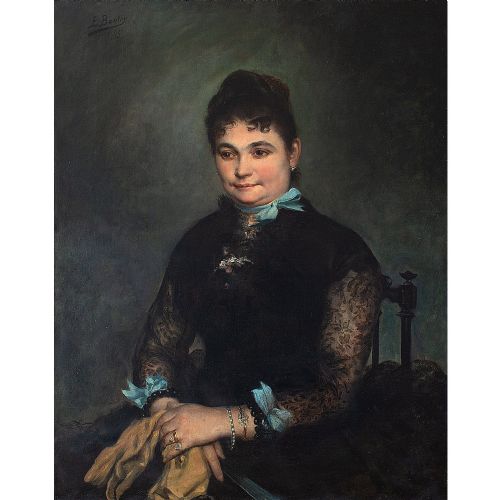 Edgar Boutry, Portrait of a Lady with Blue Ribbons, Antique Portrait