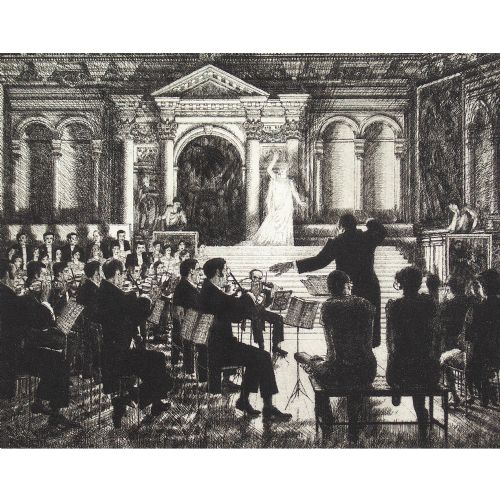fig 1. Wilfred Fairclough, Performance At The Scuola Grande di San Rocco, Venice - Vintage Etching 