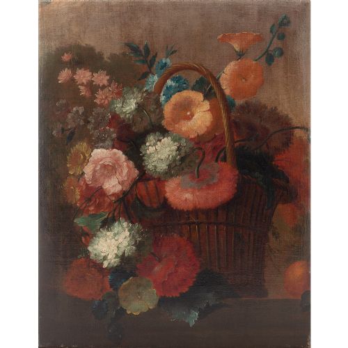 fig 1. German School Still Life With Flowers & Basket - Antique Oil Painting 