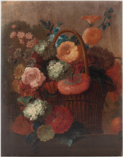 German School Still Life with Flowers & Basket - Antique Oil Painting