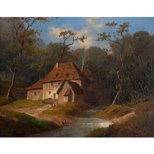 fig 1. Emil Von Ernst, Alpine Landscape With Watermill - Antique Oil Painting 