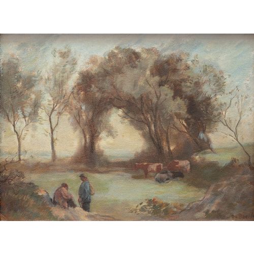 fig 1. Cor De Boer, Dutch Pastoral Scene With Figures - Vintage Oil Painting 