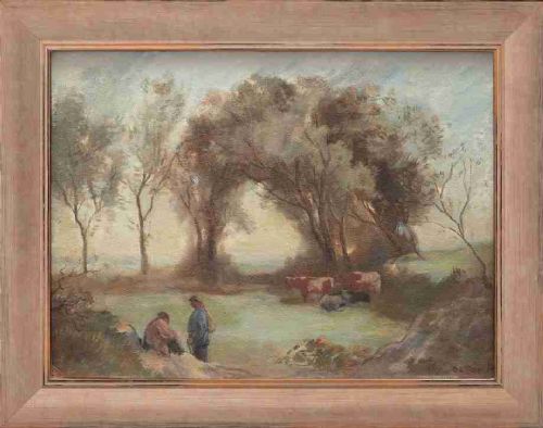 Cor De Boer, Dutch Pastoral Scene with Figures - Vintage Oil Painting
