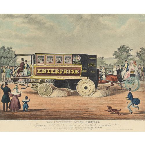 fig 1. Walter Hancock’s Enterprise Steam Omnibus, 19th-Century Hand-Coloured Lithograph