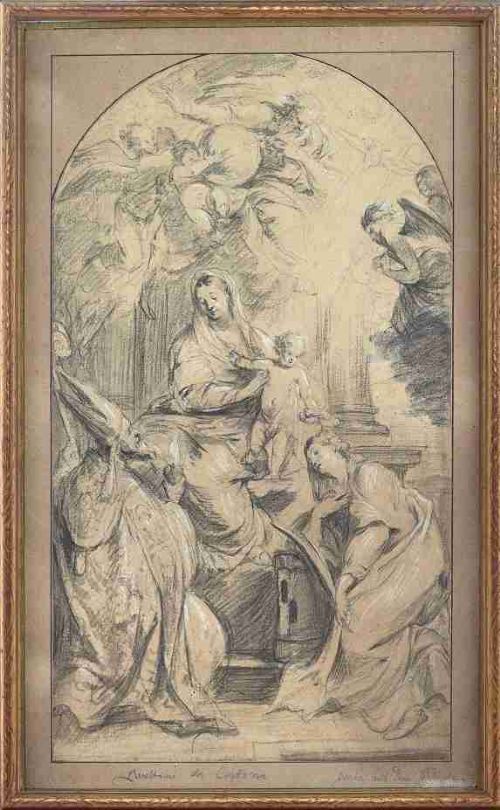 School Of Pietro Da Cortona, 18th-Century, Madonna & Child With Saint Augustine - Antique Drawing 