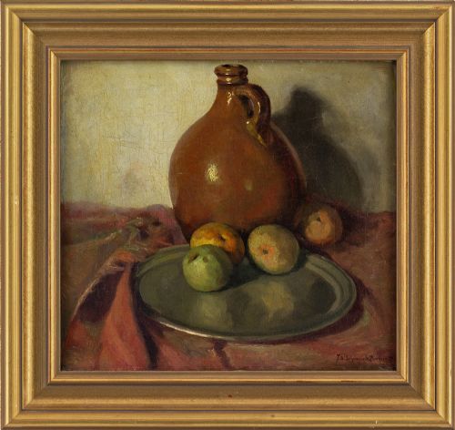 J W Schonnevelt Buchner, Still Life with Jug & Apples - Antique Oil Painting