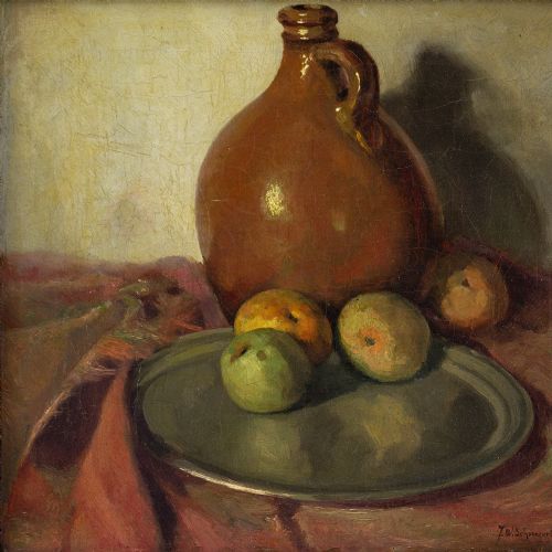 fig 1. J W Schonnevelt Buchner, Still Life With Jug & Apples - Antique Oil Painting 