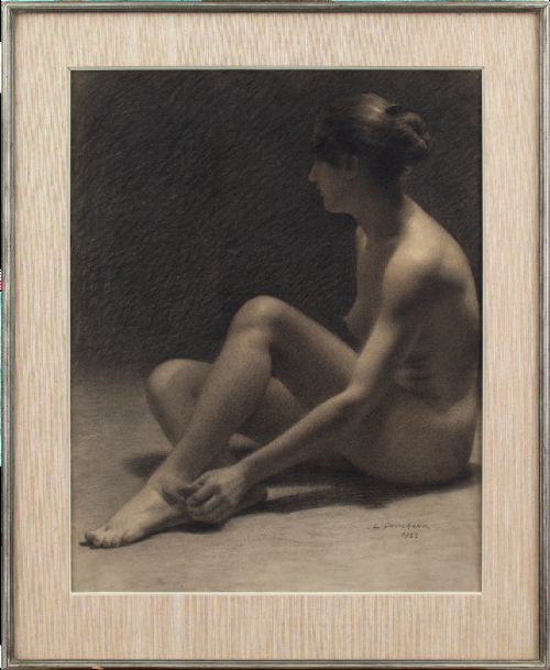 L Ducourant, Nude, Academic Study - Antique Charcoal Drawing