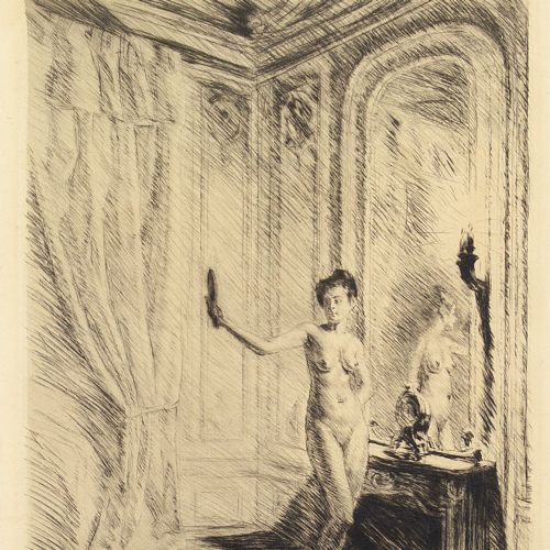 fig 1. Otto Goetze, Interior With Standing Nude & Mirror - Antique Etching