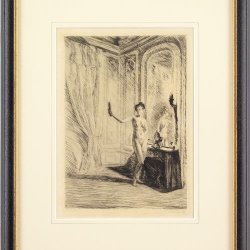 fig 2. Otto Goetze, Interior With Standing Nude & Mirror - Antique Etching
