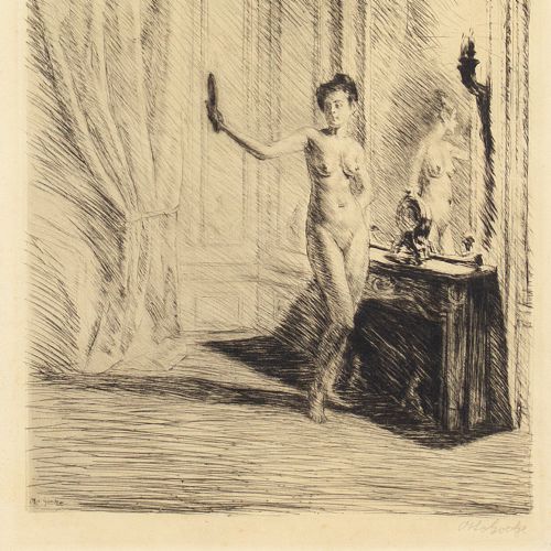 fig 3. Otto Goetze, Interior With Standing Nude & Mirror - Antique Etching