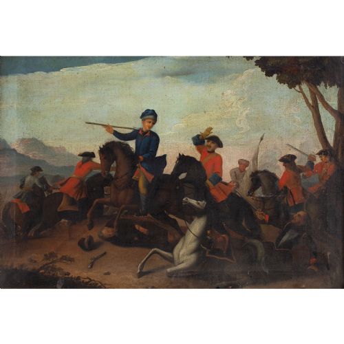 fig 1. 18th-Century Provincial German School Cavalry Battle - Antique Oil Painting