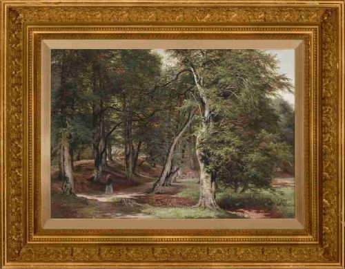 19th-century Danish School, Woman Walking Through a Forest - Antique Oil Painting