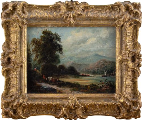 19th-century English School, Oil Study with Cattle Drovers - Antique Oil Painting