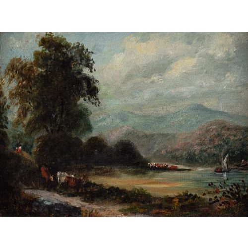fig 1. 19th-Century English School, Oil Study With Cattle Drovers - Antique Oil Painting