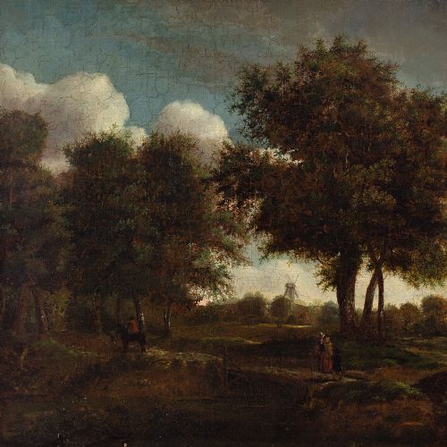 fig 1. Early 19th-Century Dutch School, Landscape With Travelling Family & Windmill - Antique Oil Painting