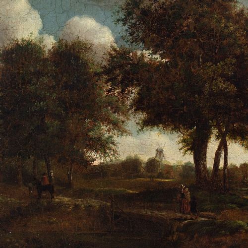 fig 2. Early 19th-Century Dutch School, Landscape With Travelling Family & Windmill - Antique Oil Painting