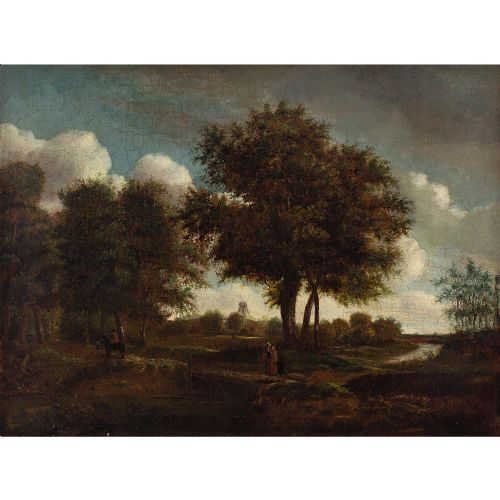 fig 3. Early 19th-Century Dutch School, Landscape With Travelling Family & Windmill - Antique Oil Painting