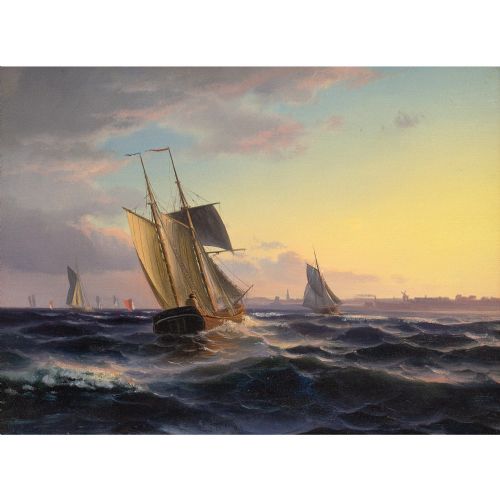 fig 1. 19th-Century Danish School Seascape With Fishing Boats & Town Beyond - Antique Oil Painting