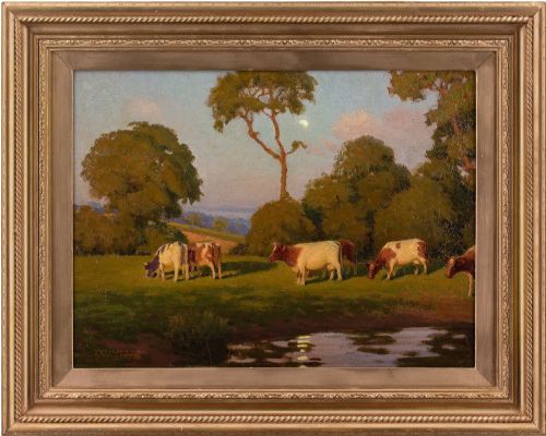 Nelson Wright, Pastoral Scene with Shimmering Pond - Antique Oil Painting