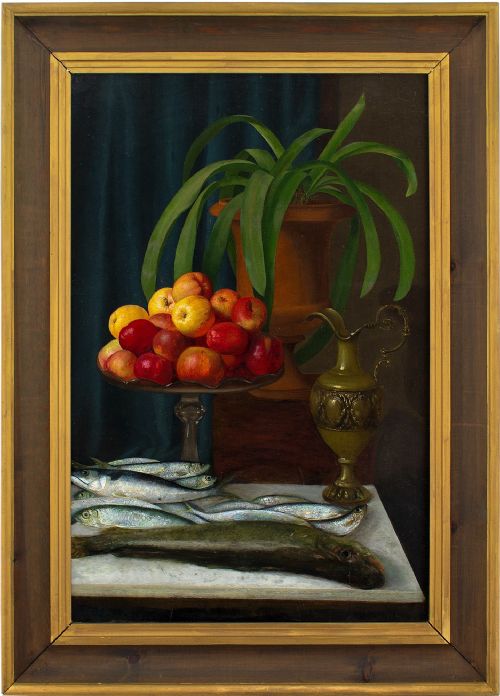 Helene Krebs, Still Life with Apples & Fish - Large Antique Oil Painting