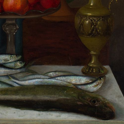 fig 1. Helene Krebs, Still Life With Apples & Fish - Large Antique Oil Painting
