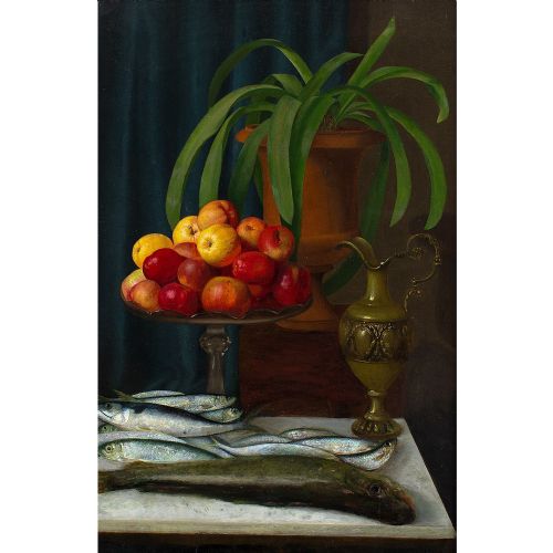 fig 3. Helene Krebs, Still Life With Apples & Fish - Large Antique Oil Painting