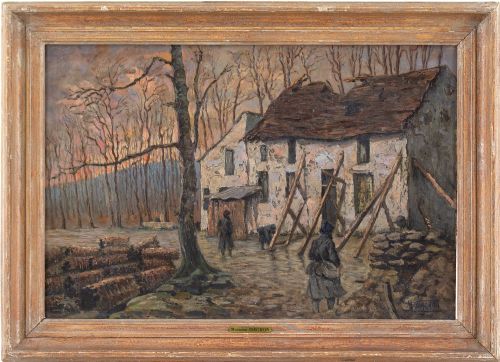 Maurice Dagron, World War I French Soldiers Propping a Farmhouse Near Paris - Antique Oil Painting