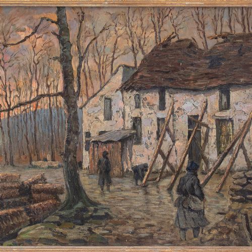 fig 1. Maurice Dagron, World War I French Soldiers Propping A Farmhouse Near Paris - Antique Oil Painting