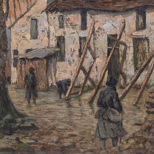 fig 2. Maurice Dagron, World War I French Soldiers Propping A Farmhouse Near Paris - Antique Oil Painting