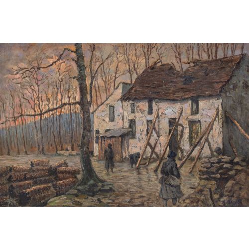 fig 3. Maurice Dagron, World War I French Soldiers Propping A Farmhouse Near Paris - Antique Oil Painting