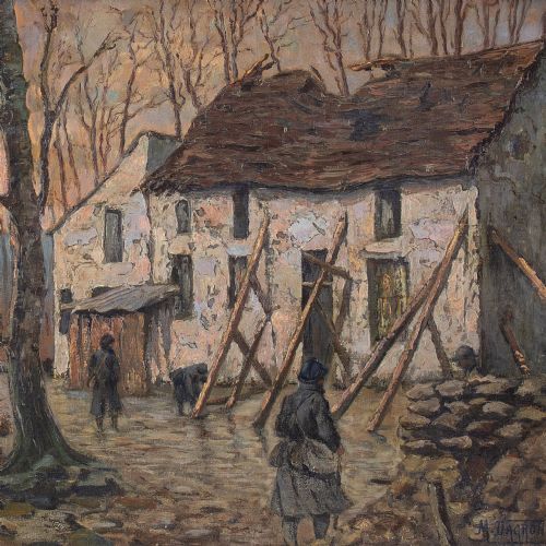 fig 5. Maurice Dagron, World War I French Soldiers Propping A Farmhouse Near Paris - Antique Oil Painting