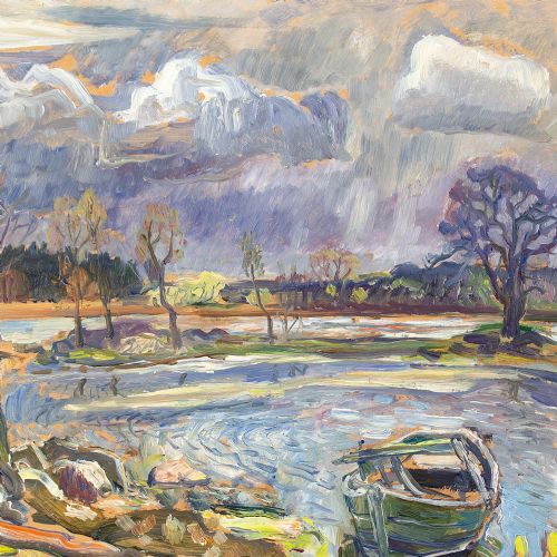 fig 4. Olle Nordberg, Winter Landscape With Lake - Vintage Oil Painting