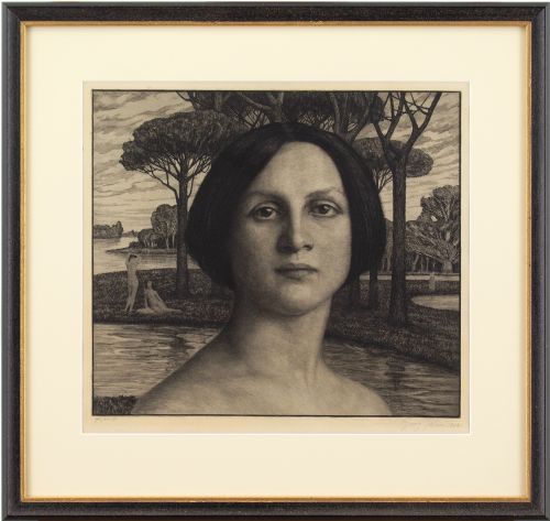 Georg Jahn, Portrait of a Woman in a Mystical Garden - Antique Etching