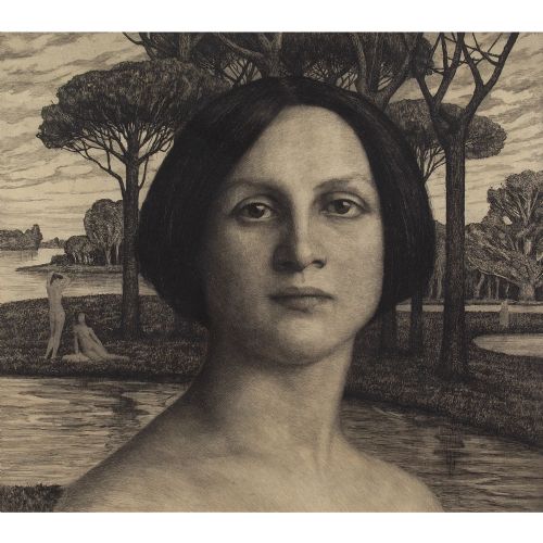 fig 1. Georg Jahn, Portrait Of A Woman In A Mystical Garden - Antique Etching