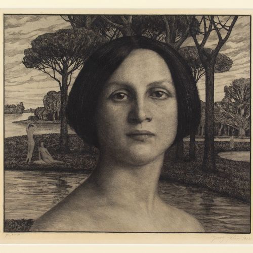 fig 2. Georg Jahn, Portrait Of A Woman In A Mystical Garden - Antique Etching