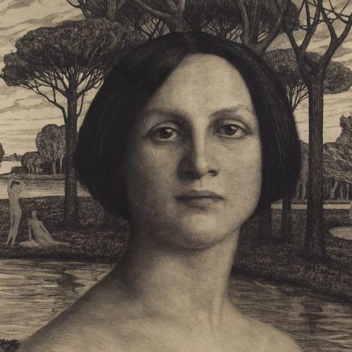 fig 3. Georg Jahn, Portrait Of A Woman In A Mystical Garden - Antique Etching