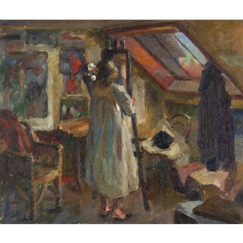 fig 1. Frode Kierulf, In The Studio - Antique Oil Painting