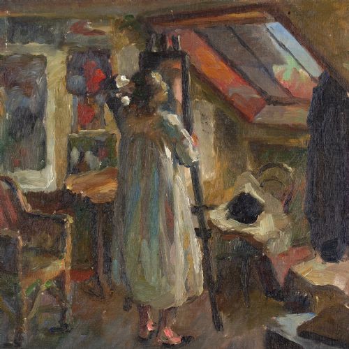 fig 2. Frode Kierulf, In The Studio - Antique Oil Painting