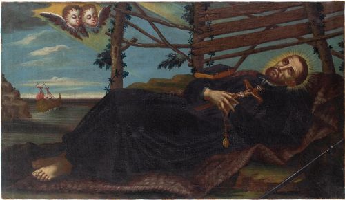 17th-century, Diego De Borgraf (Circle), the Death of St Francis Xavier - Antique Oil Painting