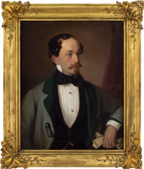 19th-century Austrian School, Portrait of a Gentleman with a Bowtie & Gloves - Antique Oil Painting