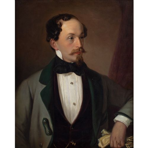 fig 1. 19th-Century Austrian School, Portrait Of A Gentleman With A Bowtie & Gloves - Antique Oil Painting