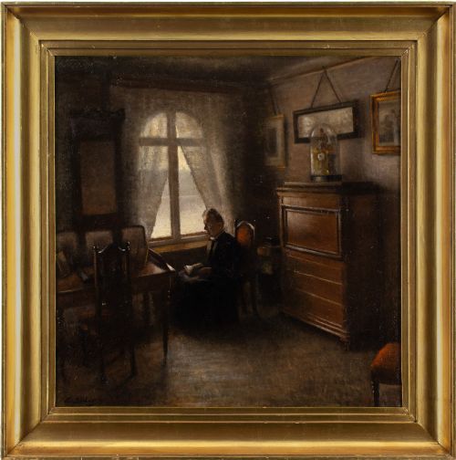Axel Søeborg, Interior Scene with Priest Reading - Antique Oil Painting