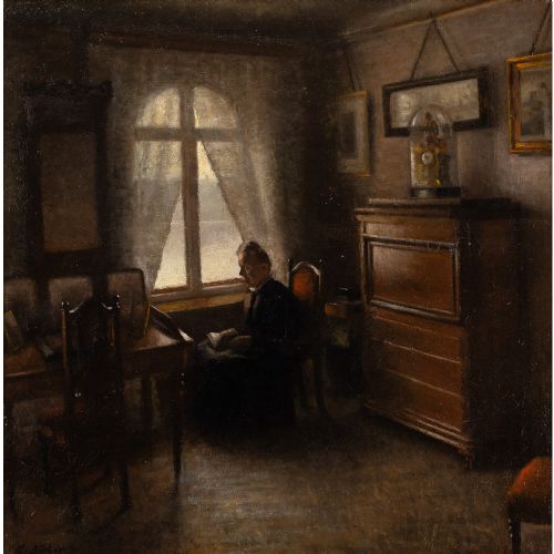 fig 1. Axel Søeborg, Interior Scene With Priest Reading - Antique Oil Painting
