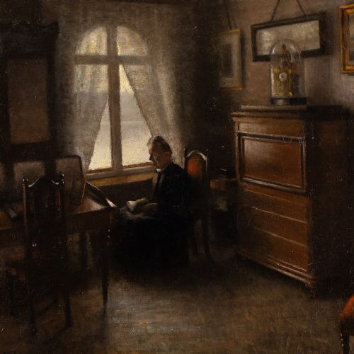 fig 2. Axel Søeborg, Interior Scene With Priest Reading - Antique Oil Painting