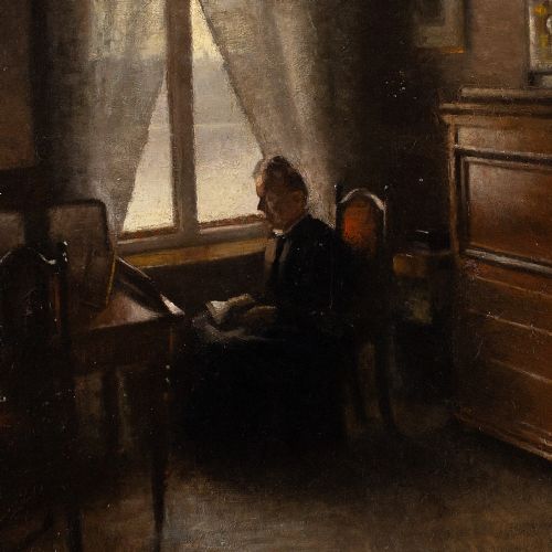 fig 3. Axel Søeborg, Interior Scene With Priest Reading - Antique Oil Painting
