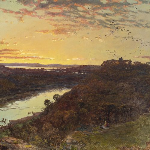 fig 1. Charles Branwhite, River Landscape With Sunset - Antique Watercolour