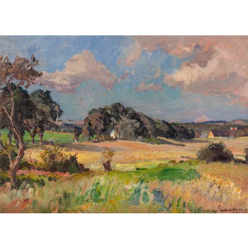 fig 1. Viggo Pedersen, Zealand Landscape With Cottages - Antique Oil Painting